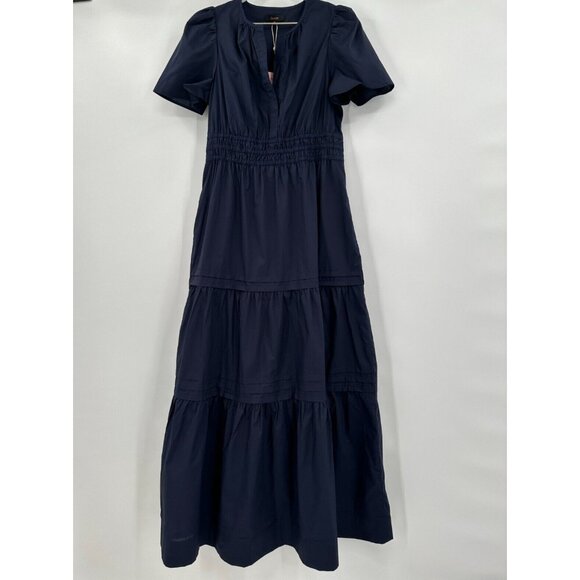 Quince Navy Blue Organic Cotton Tiered Maxi Dress sz S Women's Pockets Poplin - Picture 2 of 9